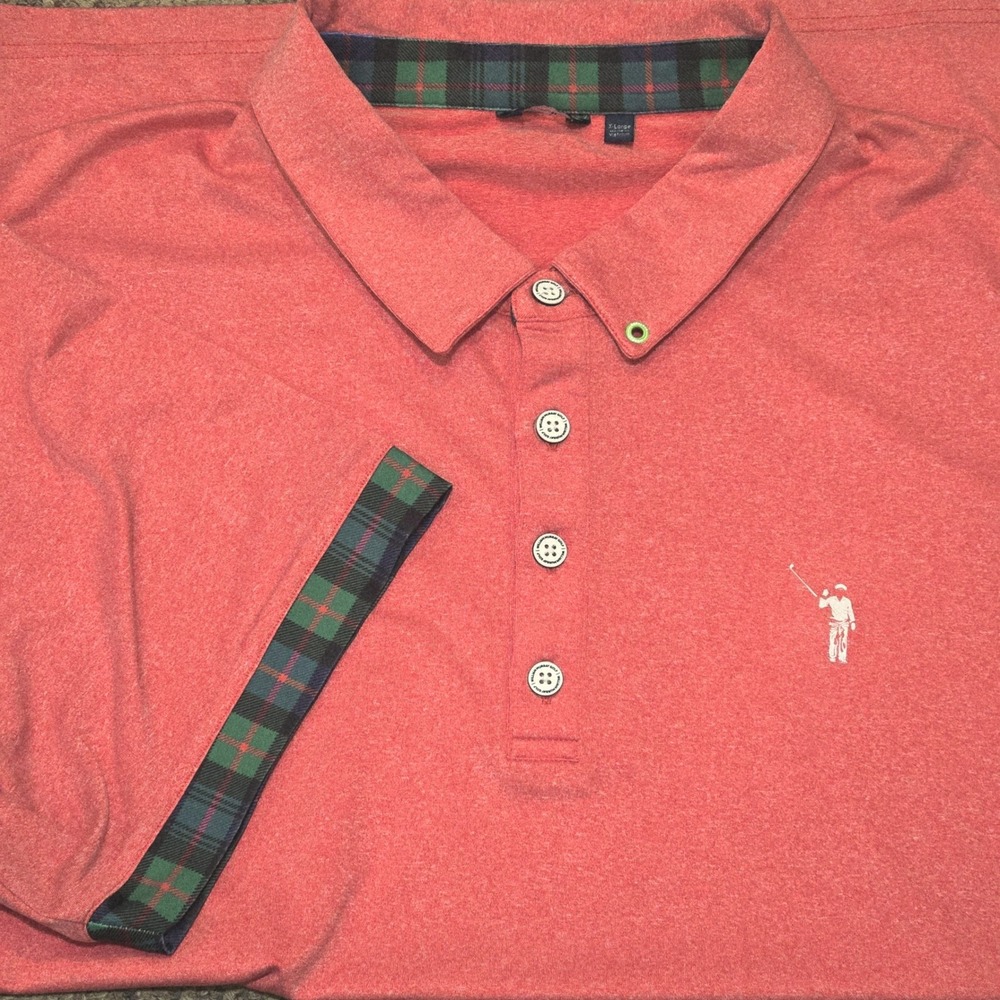 William Murray Golf Polo Shirt Mens XL Coral Heather Plaid Trim Short Sleeve EUC